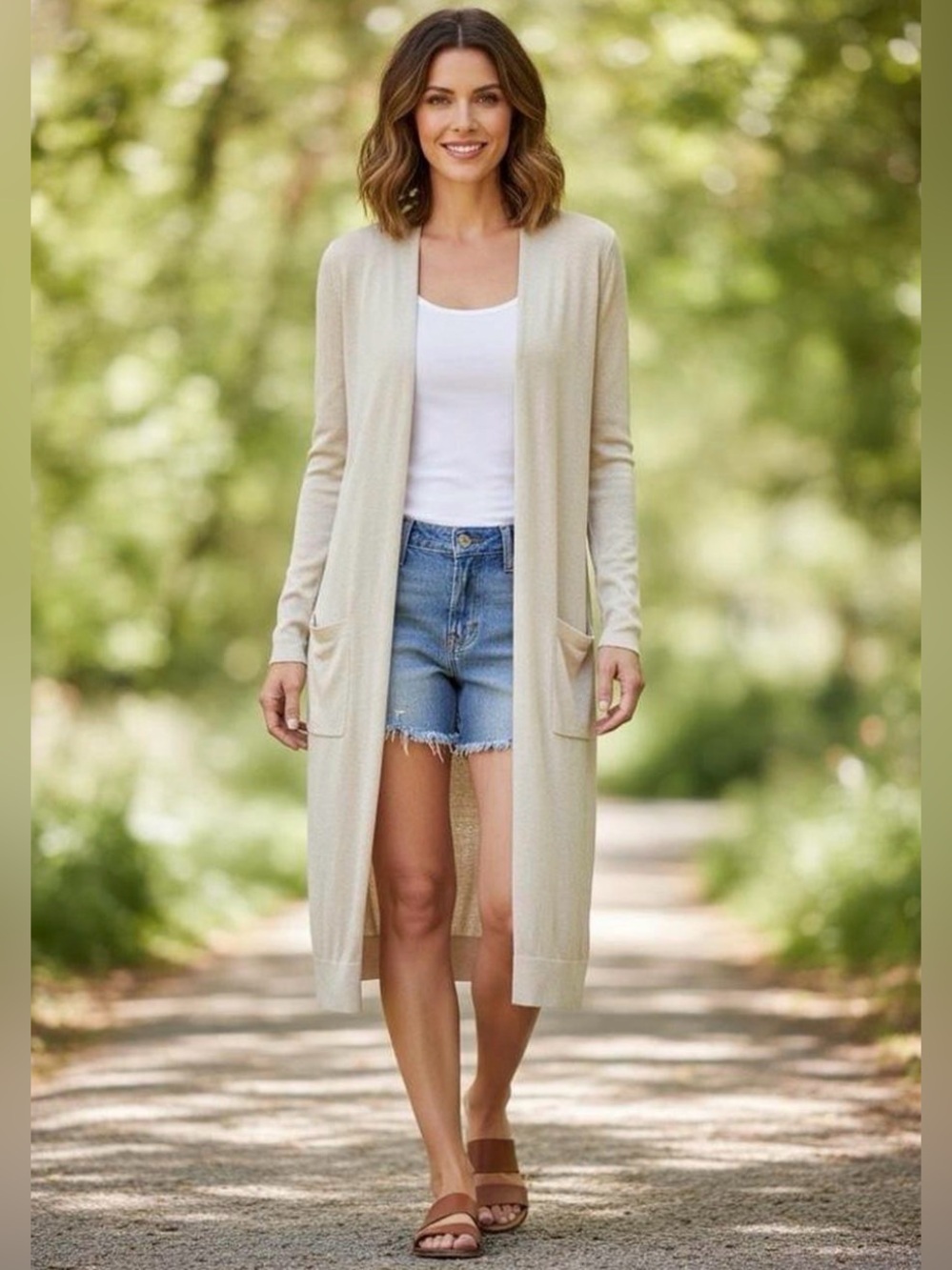 LOFT Beige Lightweight Knit Open Front Duster Cardigan Patch Pockets Size XSP
